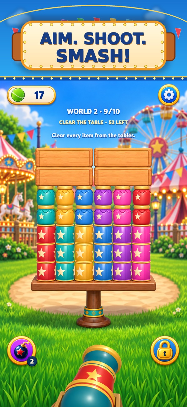 Smash Park gameplay: a cannon aimed at stacked cans in an amusement park